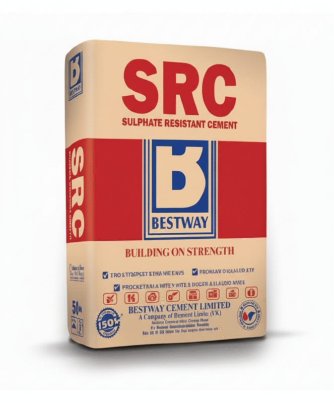 Bestway Cement SRC (Sulphate Resistant Cement), durable cement for foundations, marine works, basements, and sulphate-prone construction areas in Pakistan.
