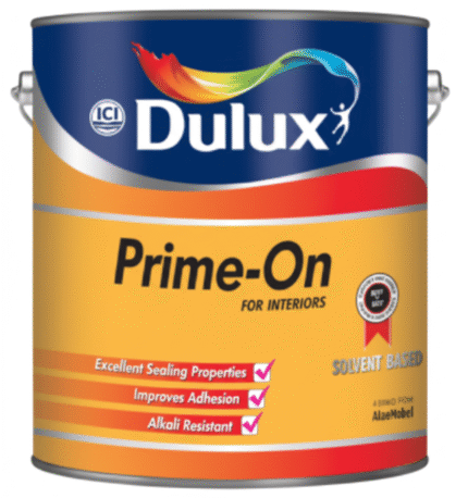 ICI Dulux PrimeOn premium interior primer – strong adhesion and smooth base for long-lasting wall paint.