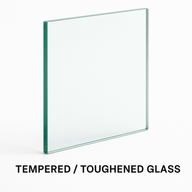 Tempered Safety Glass (Toughened Glass) – strong, durable glass panel for windows, doors, partitions, and facades in construction.